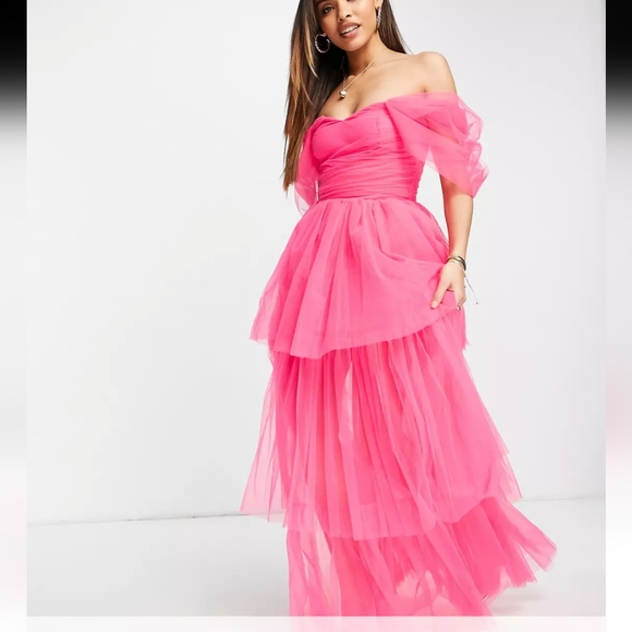Lace & Beads off shoulder tulle maxi dress in bright pink - Picture 3 of 5
